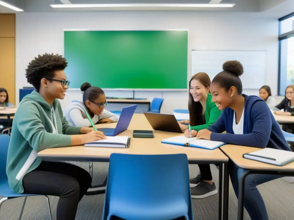 Estudiantes colaboran en aula invertida con laptops y libros, rodeados de herramientas educativas modernas