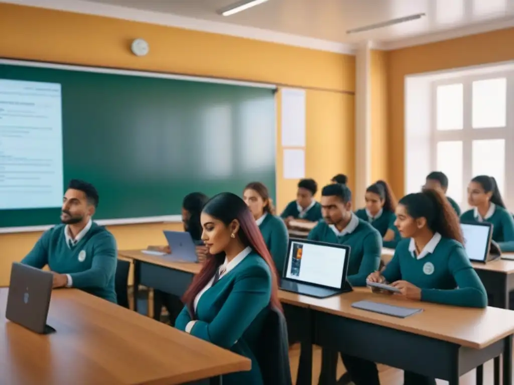 Estudiantes en aula uruguaya con educación híbrida: libros, pizarras y tecnología