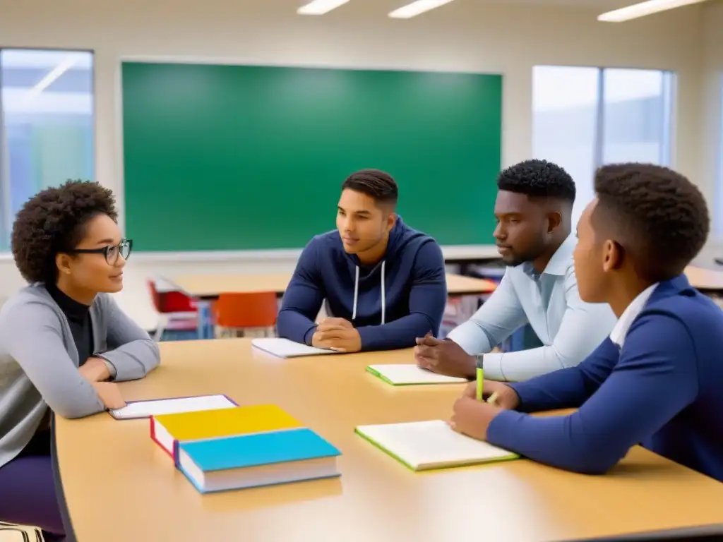 Estudiantes colaborando en un aula luminosa, inmersos en el aprendizaje basado en proyectos en Uruguay