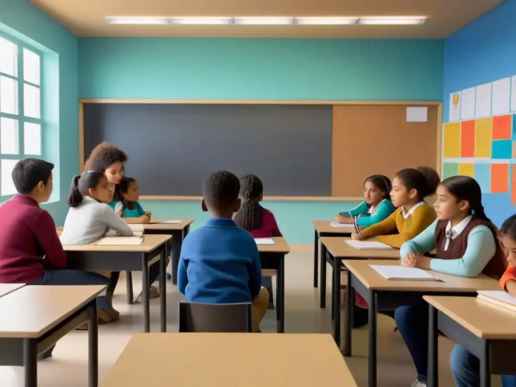 Estudiantes diversos colaborando en aula luminosa de Uruguay con políticas educativas inclusivas