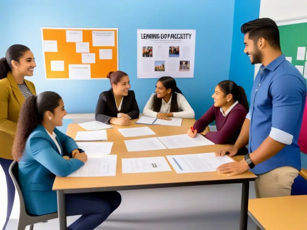 Estudiantes diversos colaboran en aula luminosa de Uruguay, fomentando el trabajo en equipo en educación