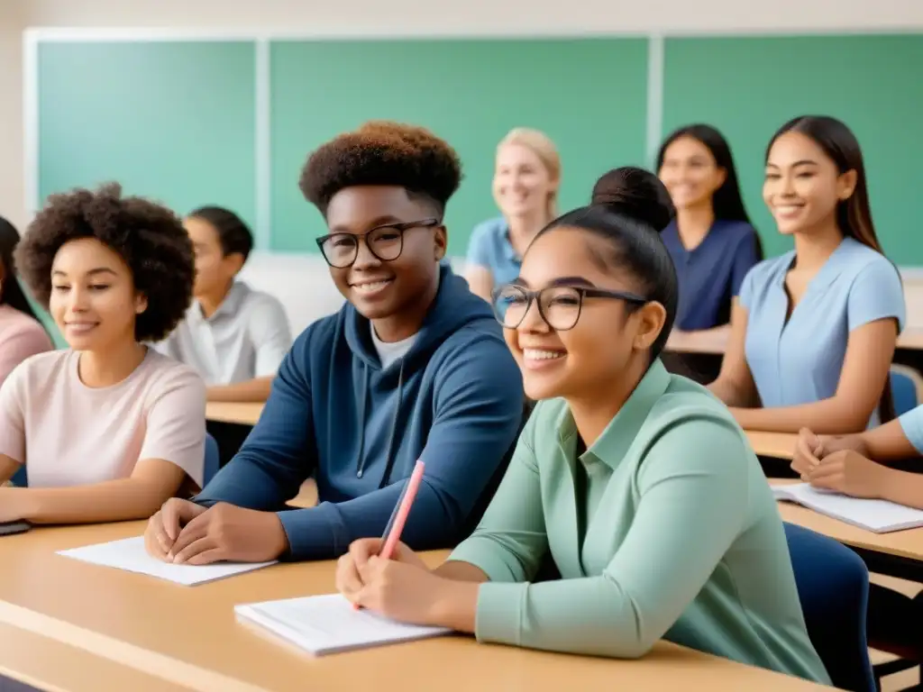 Estudiantes diversos colaborando en aula moderna