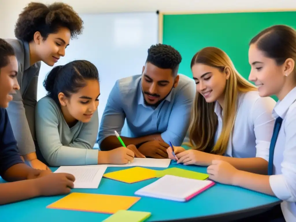 Estudiantes colaborando en un aula moderna de Uruguay, practicando Aprendizaje Basado en Proyectos