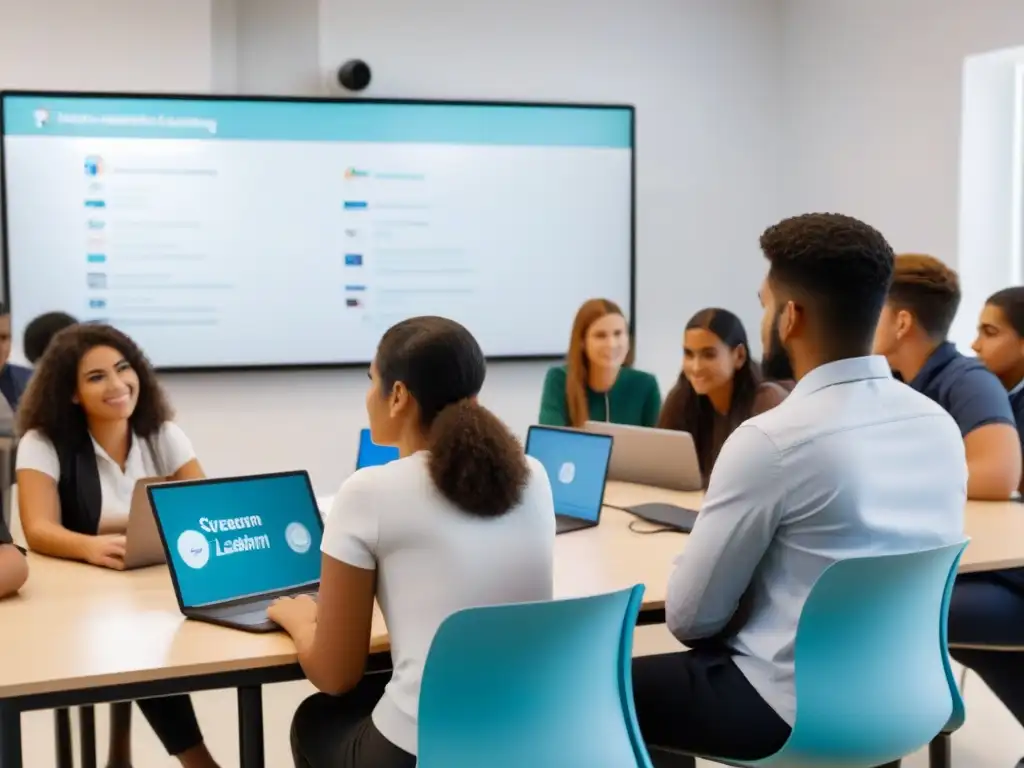 Estudiantes uruguayos en aula digital con IA Estudiantes de Uruguay en aula moderna, aprendizaje colaborativo con tecnología IA