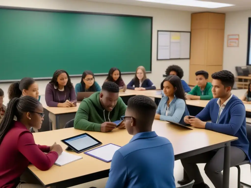 Estudiantes diversos colaboran en aula moderna, mostrando preparación para cambios educación siglo