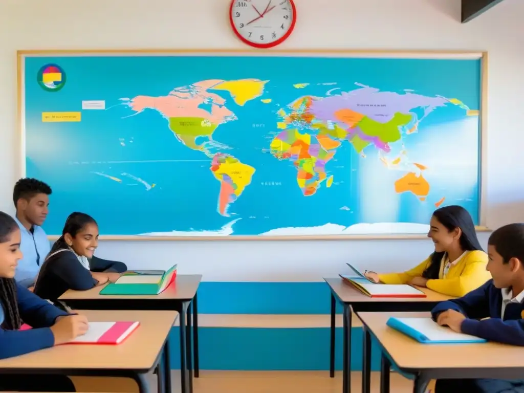 Estudiantes participando en educación bilingüe en Uruguay, en aula moderna y colaborativa con libros y tablets