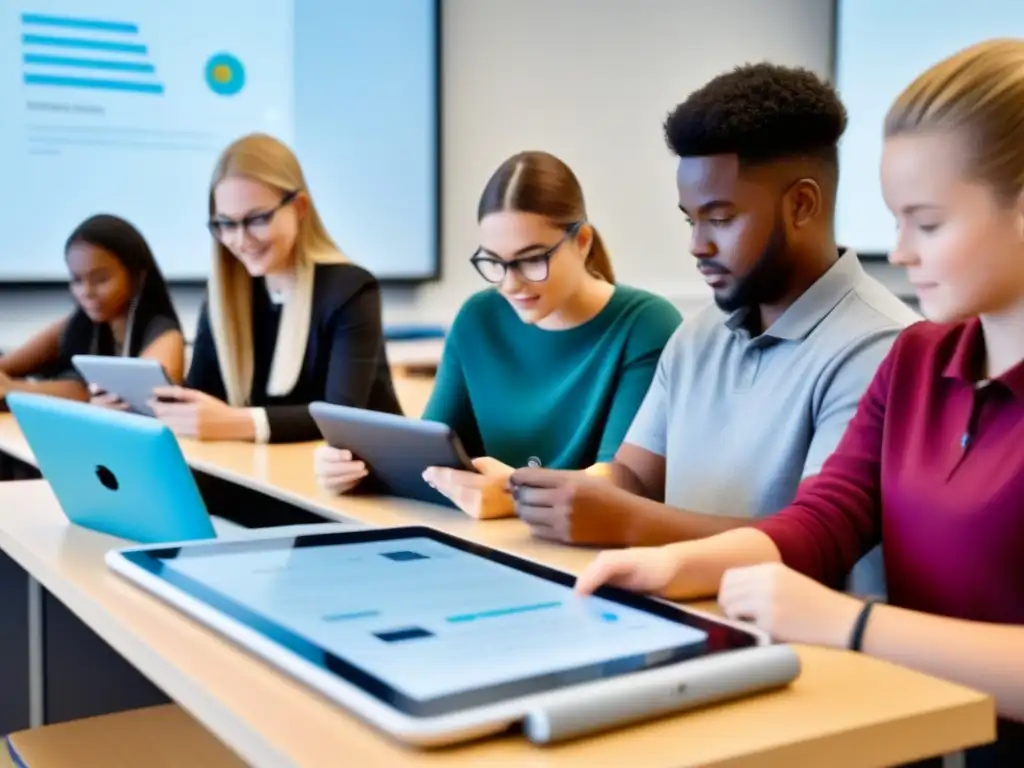 Estudiantes colaborando con IoT en aula moderna, fomentando innovación y conectividad