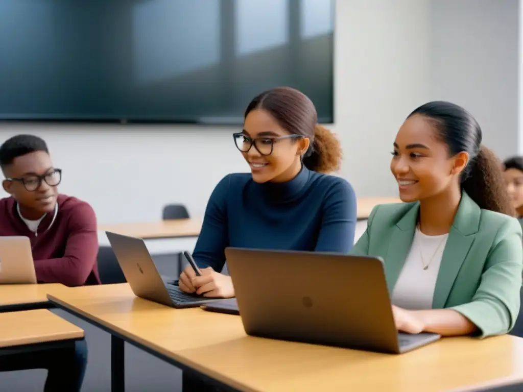 Estudiantes diversos colaborando en aula moderna con dispositivos digitales y herramientas educativas