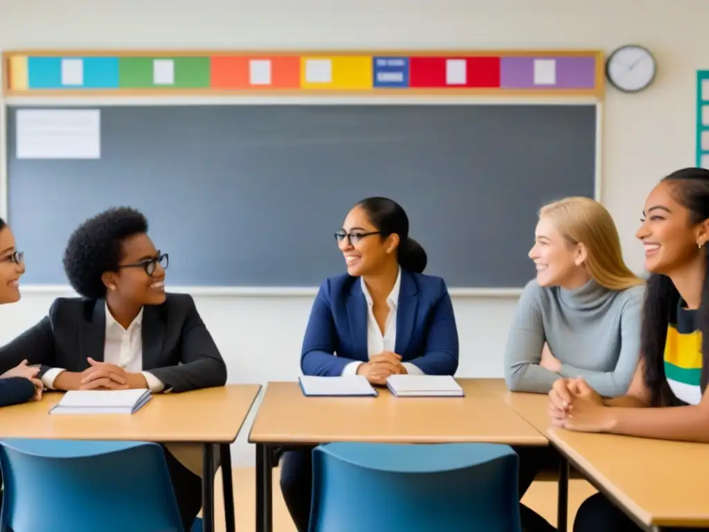 Estudiantes diversos colaboran en un aula moderna, promoviendo la equidad de género en Uruguay