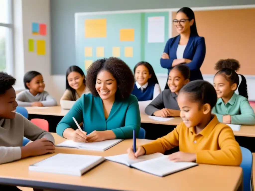 Estudiantes diversos colaborando en aula moderna, fomentando la equidad educativa en Uruguay