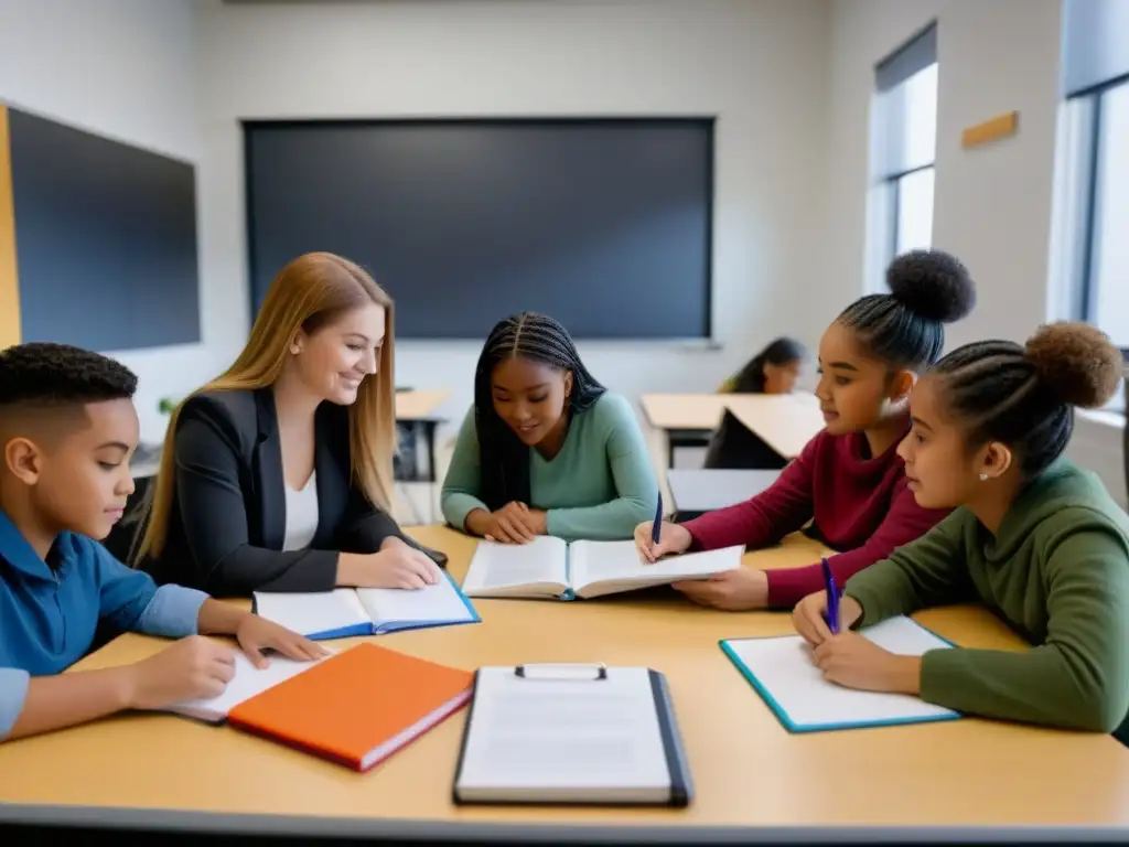 Estudiantes diversos colaboran en aula moderna, promoviendo equidad de género en Uruguay