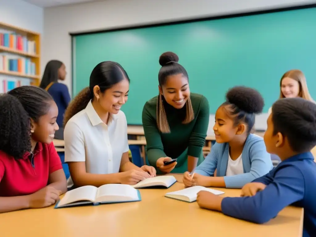 Estudiantes en aula moderna aprendiendo idiomas, reflejando educación bilingüe Uruguay mercado global