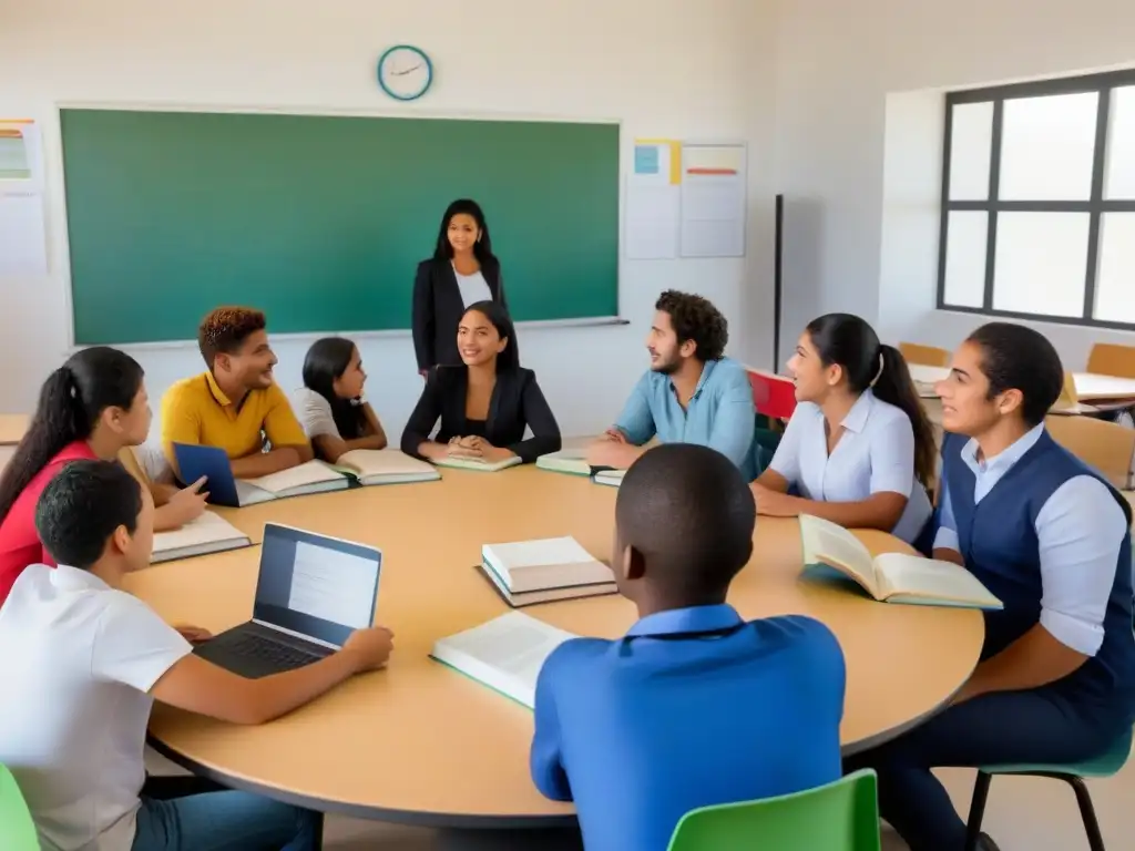 Estudiantes diversos debatiendo en aula moderna en Uruguay, reflejando impacto privatización educativa global