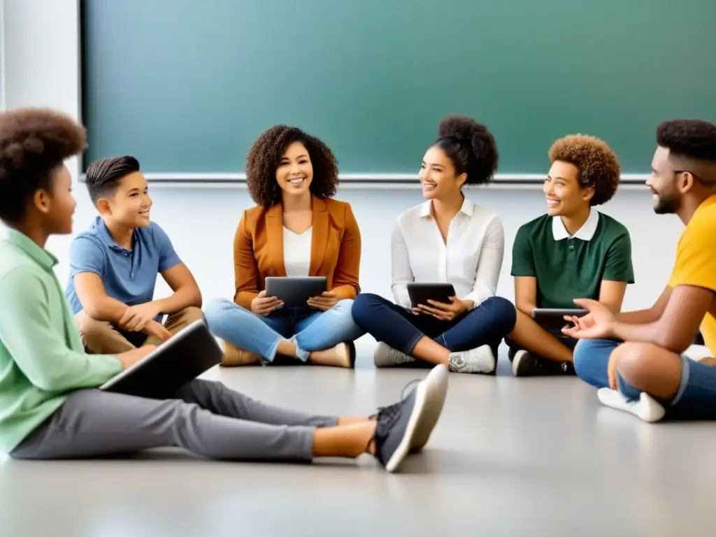 Estudiantes diversos discuten sobre digital literacy en un aula moderna, mostrando impacto brecha digital educación en Uruguay