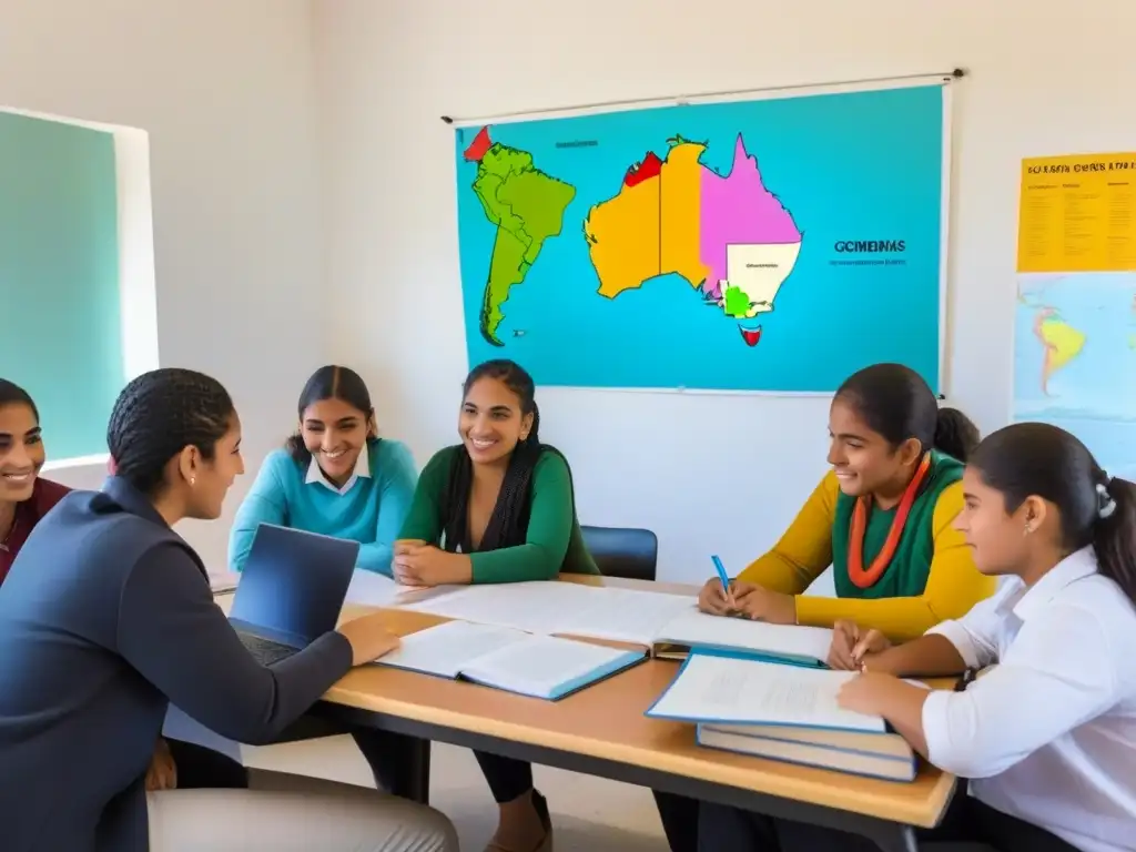 Estudiantes colaboran en aula moderna en Uruguay, fomentando inclusividad y diversidad