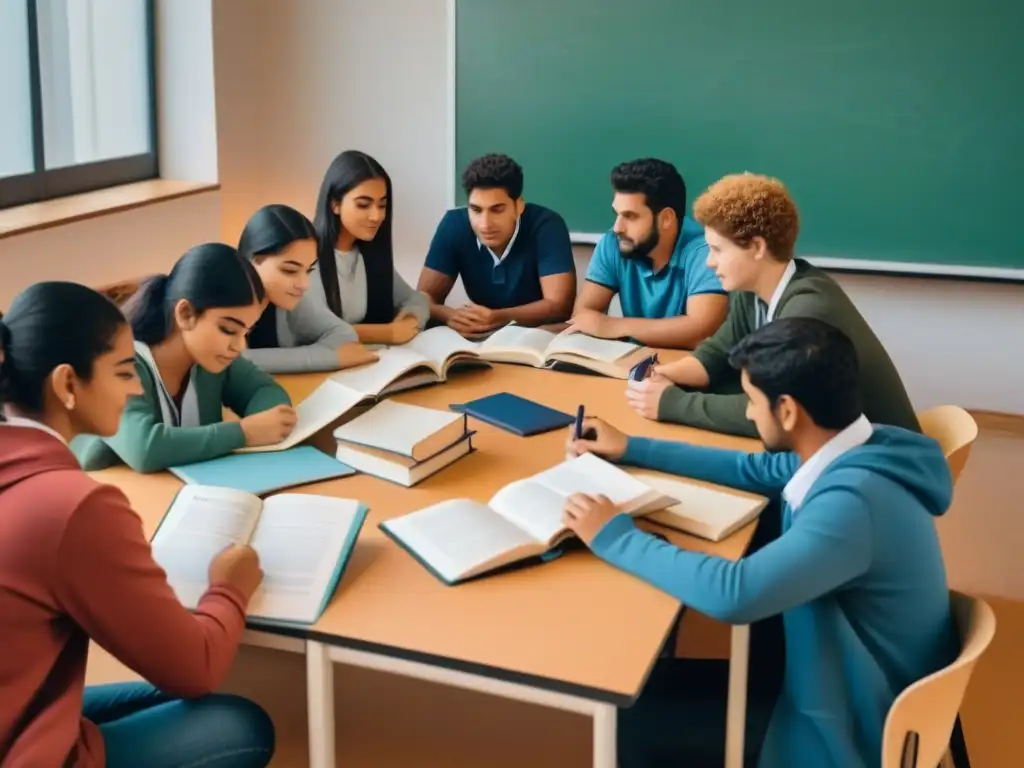 Transformación de la educación uruguaya: estudiantes diversos colaboran en aula moderna, fomentando cooperación internacional