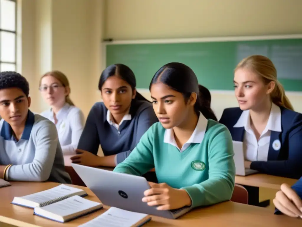 Estudiantes en aula moderna, colaborando y aprendiendo juntos con libros y laptops