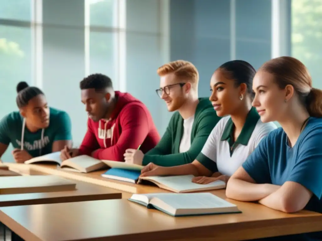 Estudiantes colaborando en un aula moderna, con libros y laptops, iluminados por luz natural