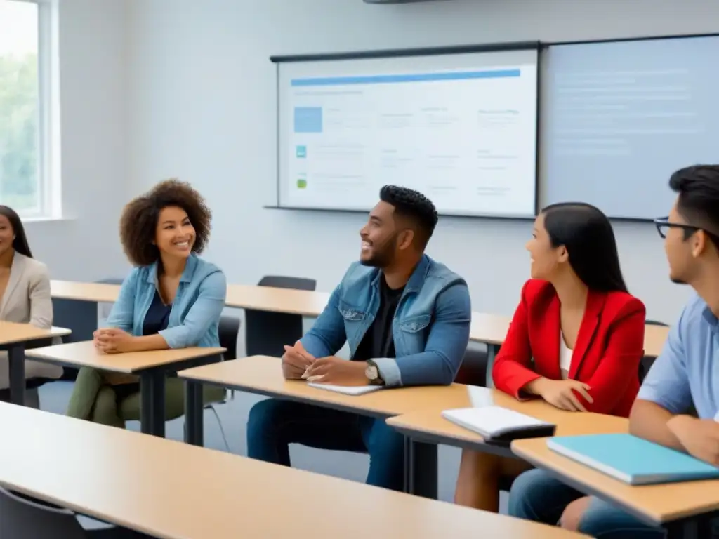 Estudiantes diversos colaborando en aula moderna con tecnología avanzada