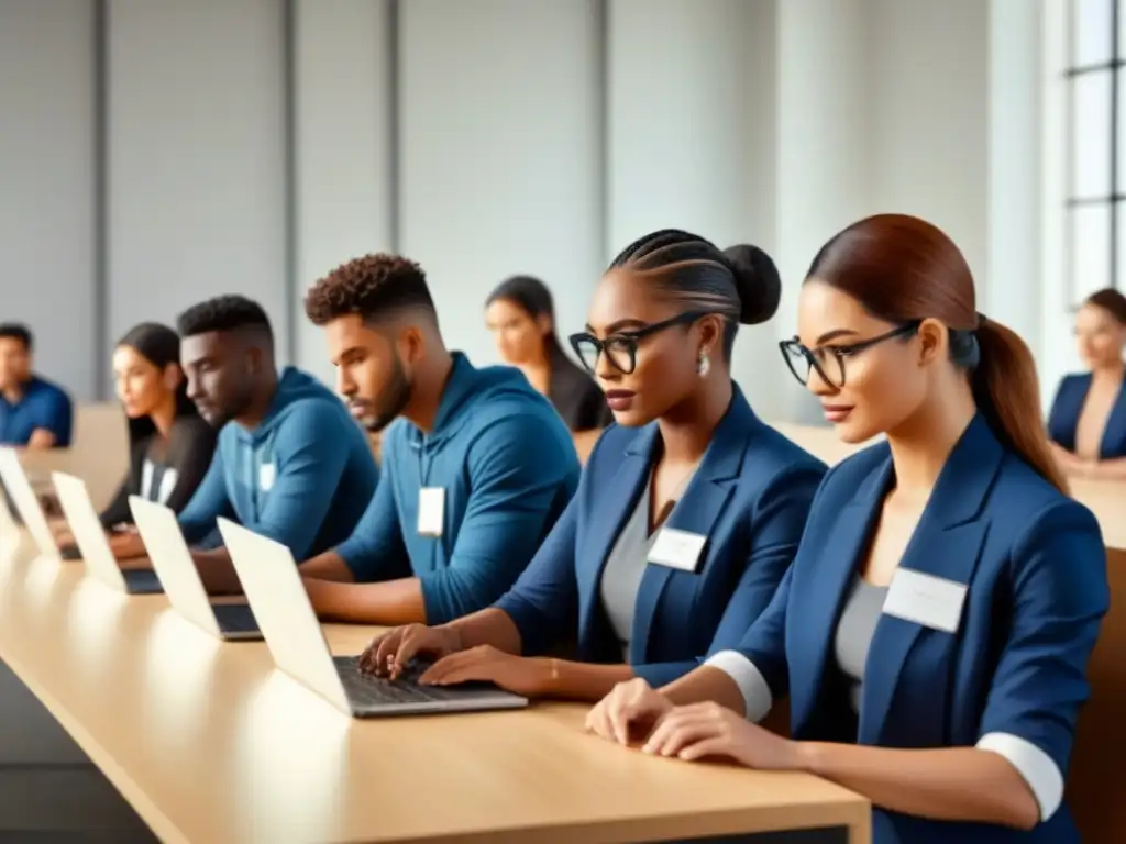 Estudiantes colaborando en laptops en aula moderna, reflejando unidad y progreso educativo