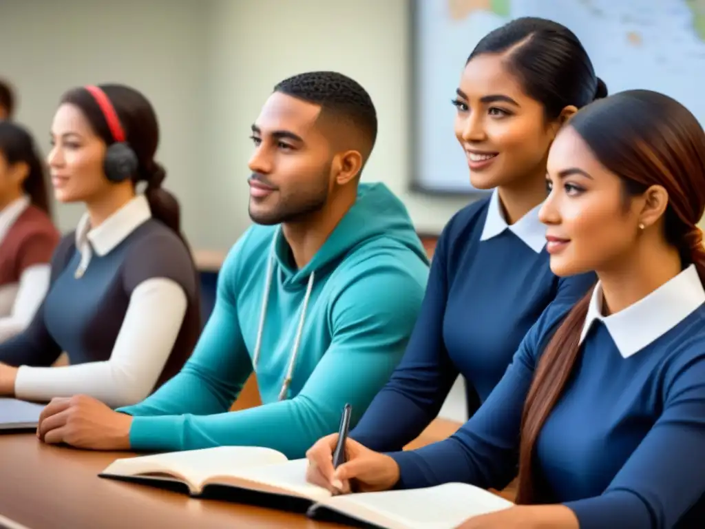 Estudiantes diversos debatiendo en aula multicultural