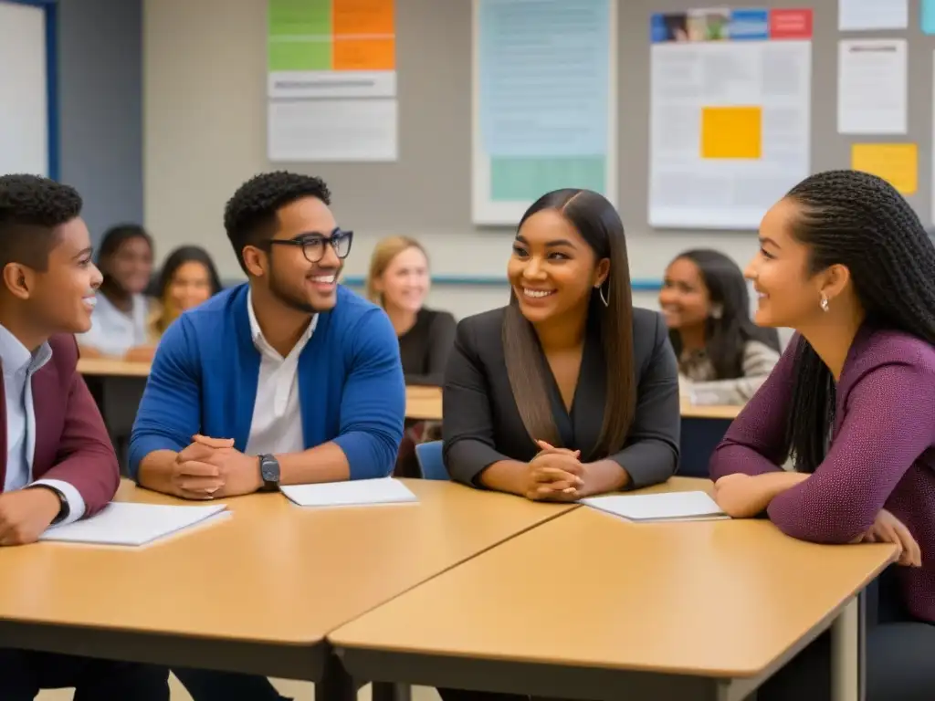 Estudiantes diversos colaborando en aula multicultural con currículos multiculturales en Uruguay