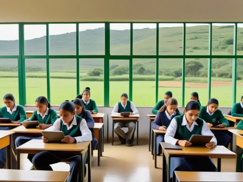 Estudiantes en aula rural de Uruguay usando tablets para educación, rodeados de naturaleza