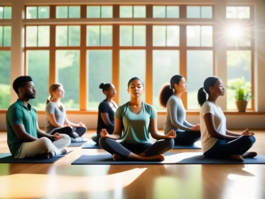 Estudiantes practicando mindfulness en un aula serena con vista a un jardín, Beneficios del mindfulness en educación