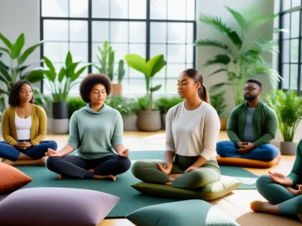 Estudiantes diversos practican mindfulness en aula tranquila