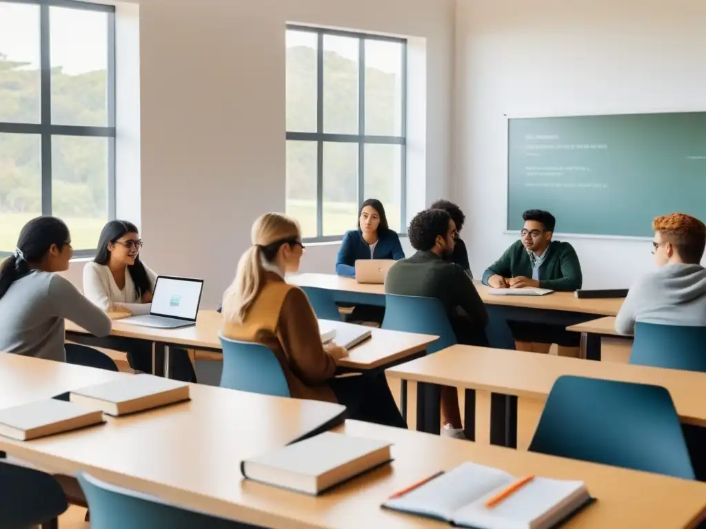 Estudiantes en aula universitaria en Uruguay, con laptops y libros, discutiendo y aprendiendo juntos