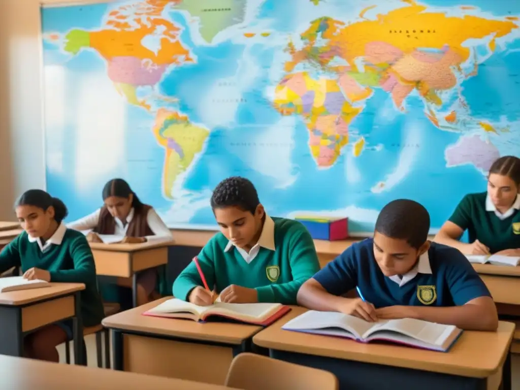 Estudiantes en aula uruguaya aprenden idiomas con libros y mapa mundial