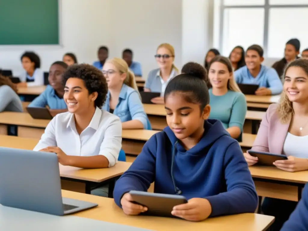 Estudiantes en aula uruguaya colaboran con tecnología IoT en un ambiente inclusivo y moderno, fomentando educación inclusiva con tecnología IoT