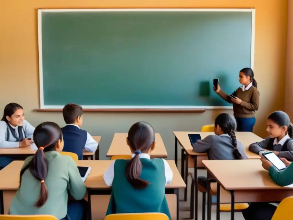 Estudiantes en aulas rurales en Uruguay usando smartphones para aprender, rodeados de elementos educativos