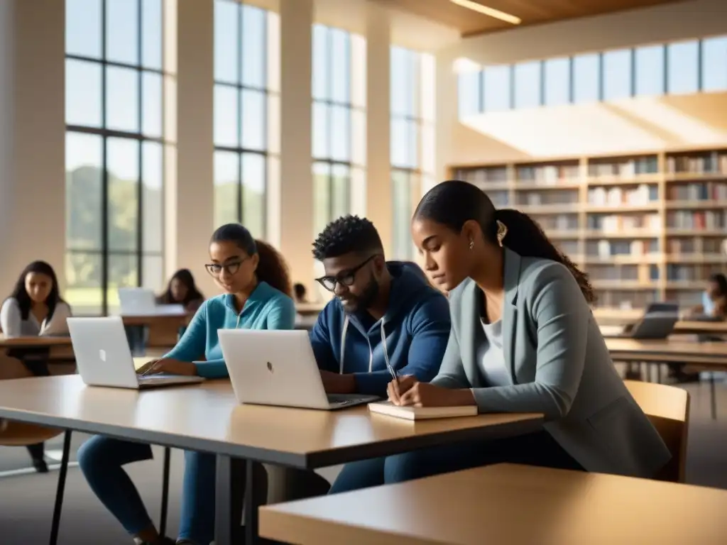 Estudiantes colaborando en biblioteca moderna con becas gubernamentales educación Uruguay