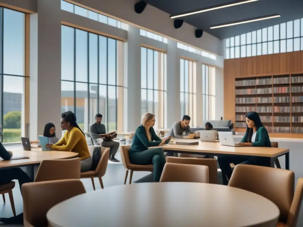 Diversos estudiantes colaboran en biblioteca universitaria futurista, fomentando reformas educación superior Uruguay