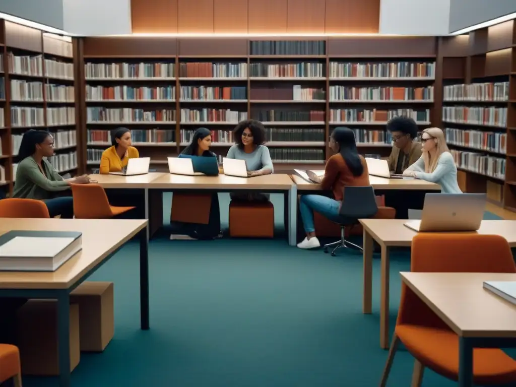 Estudiantes diversos colaboran en biblioteca universitaria moderna