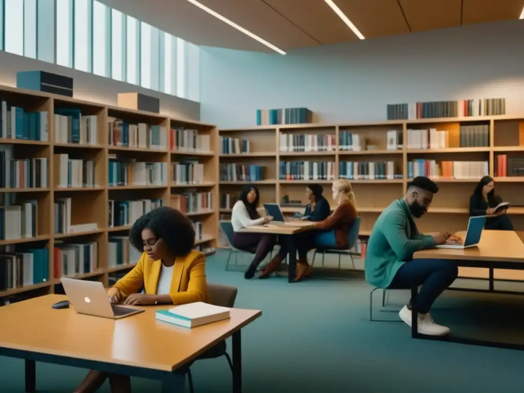 Estudiantes diversos colaboran en biblioteca universitaria moderna