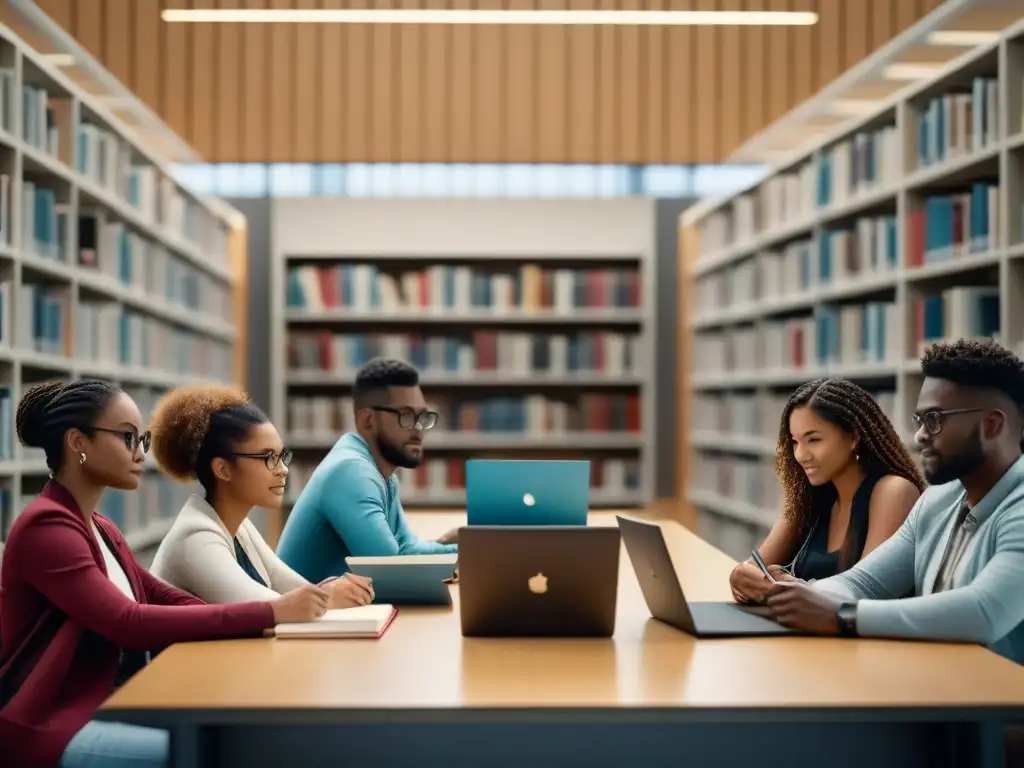 Estudiantes diversos colaboran en biblioteca universitaria moderna con libros y dispositivos digitales, promoviendo excelencia académica