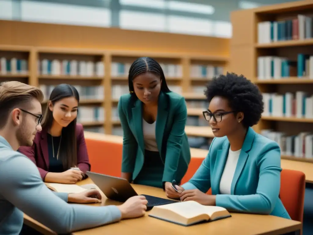 Estudiantes colaborando en biblioteca universitaria moderna, reflejando apoyo académico