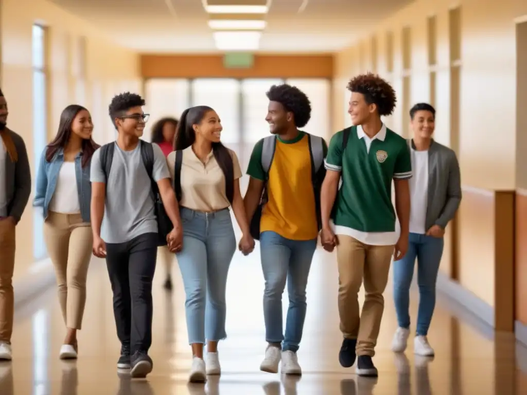 Estudiantes diversos unidos contra el bullying en un pasillo escolar