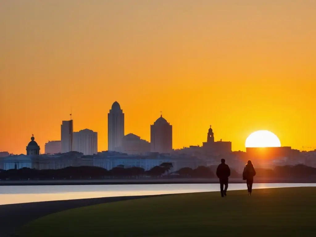 Estudiantes caminando hacia el campus universitario al atardecer en Montevideo, Uruguay