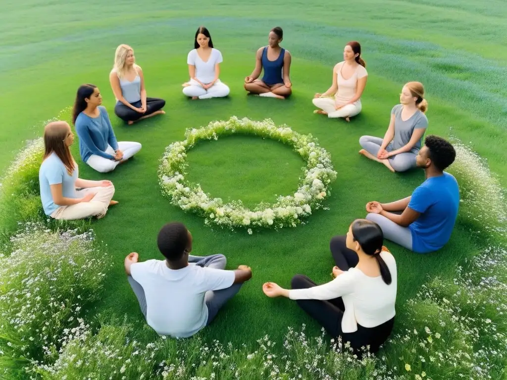 Estudiantes en Uruguay practicando mindfulness en círculo en prado, unidos y serenos