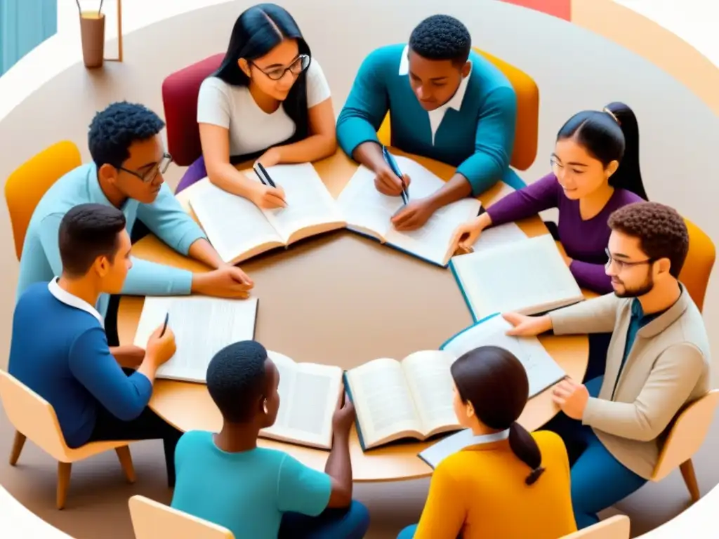 Estudiantes diversos colaboran en círculo, rodeados de libros y laptops