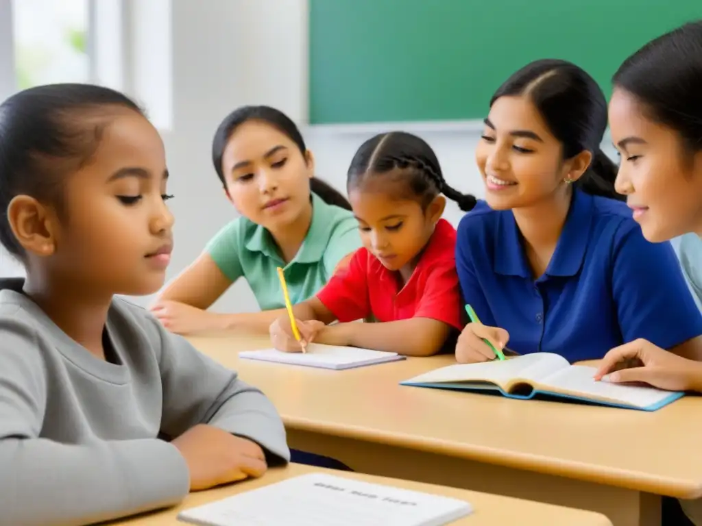 Estudiantes en clase bilingüe en Uruguay, concentrados y entusiastas