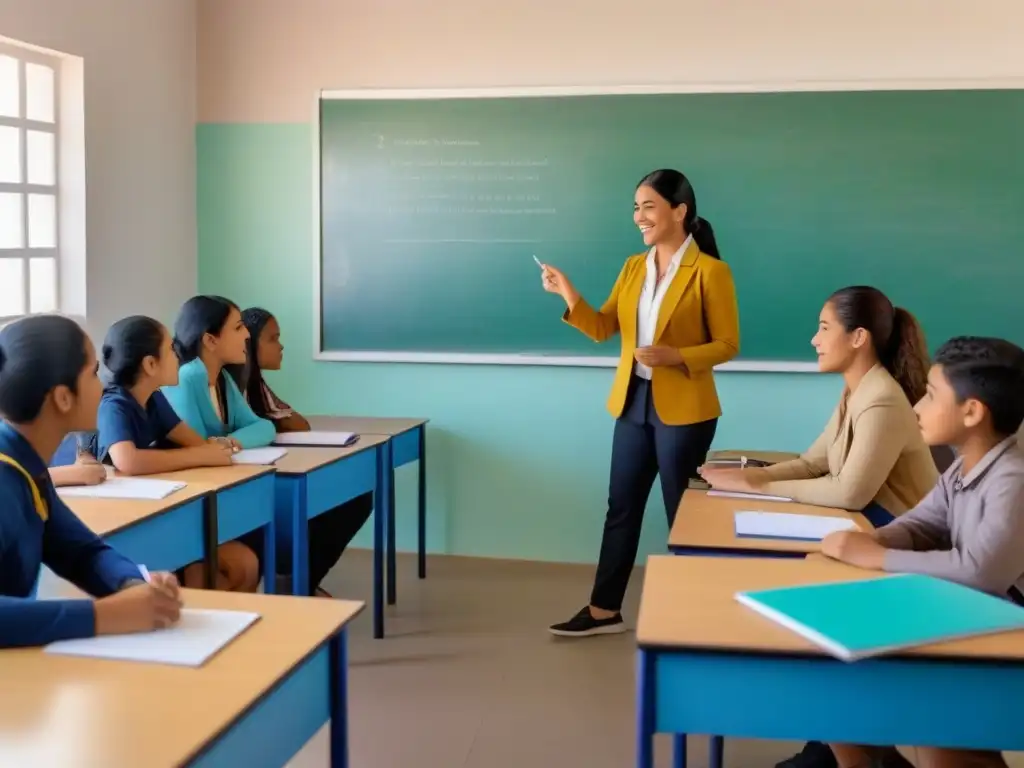 Estudiantes diversos participan activamente en una clase bilingüe moderna en Uruguay