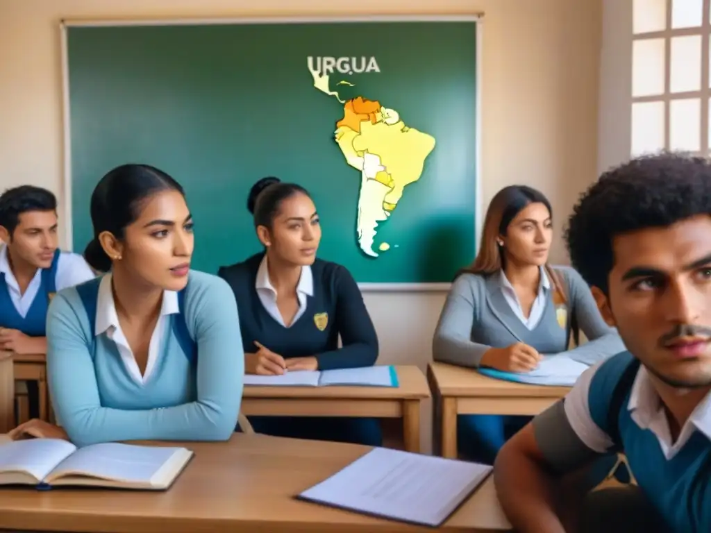 Estudiantes diversos participan activamente en una clase bilingüe en Uruguay