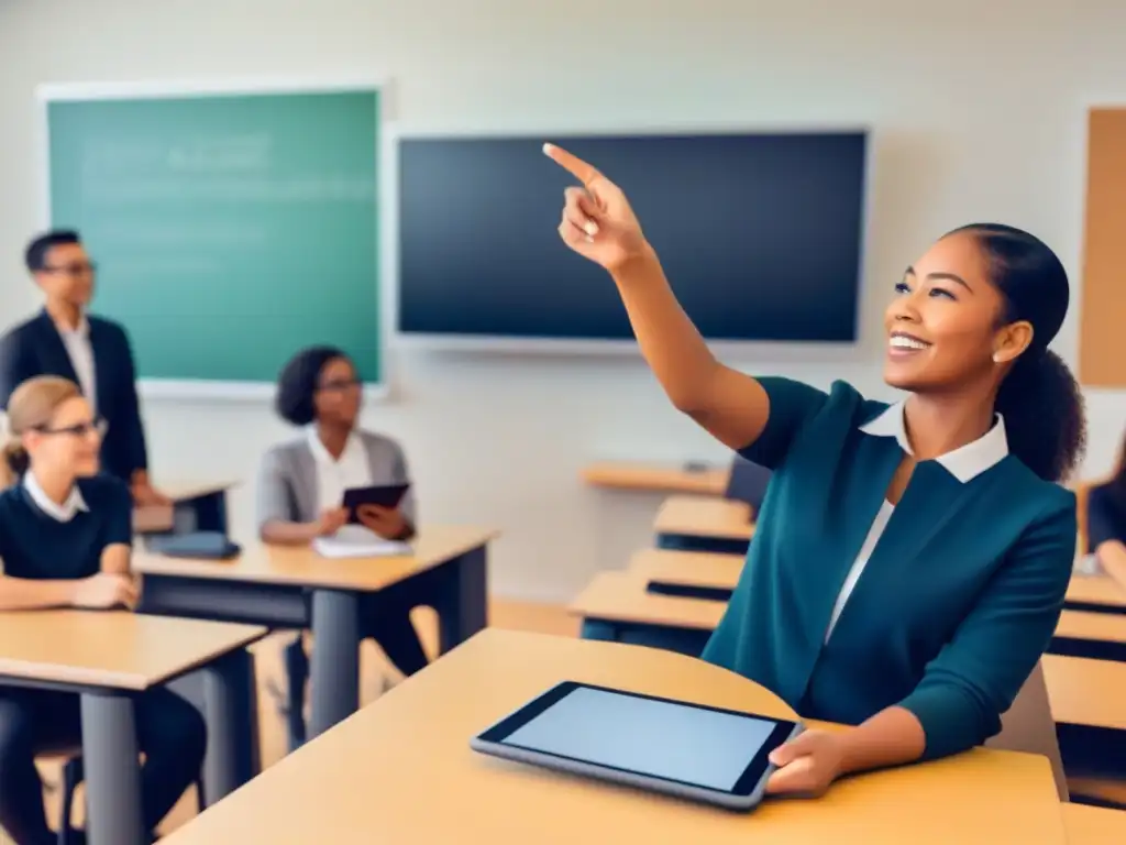 Estudiantes diversos participan en una clase dinámica e interactiva, con innovación y colaboración en educación en Uruguay para migrantes