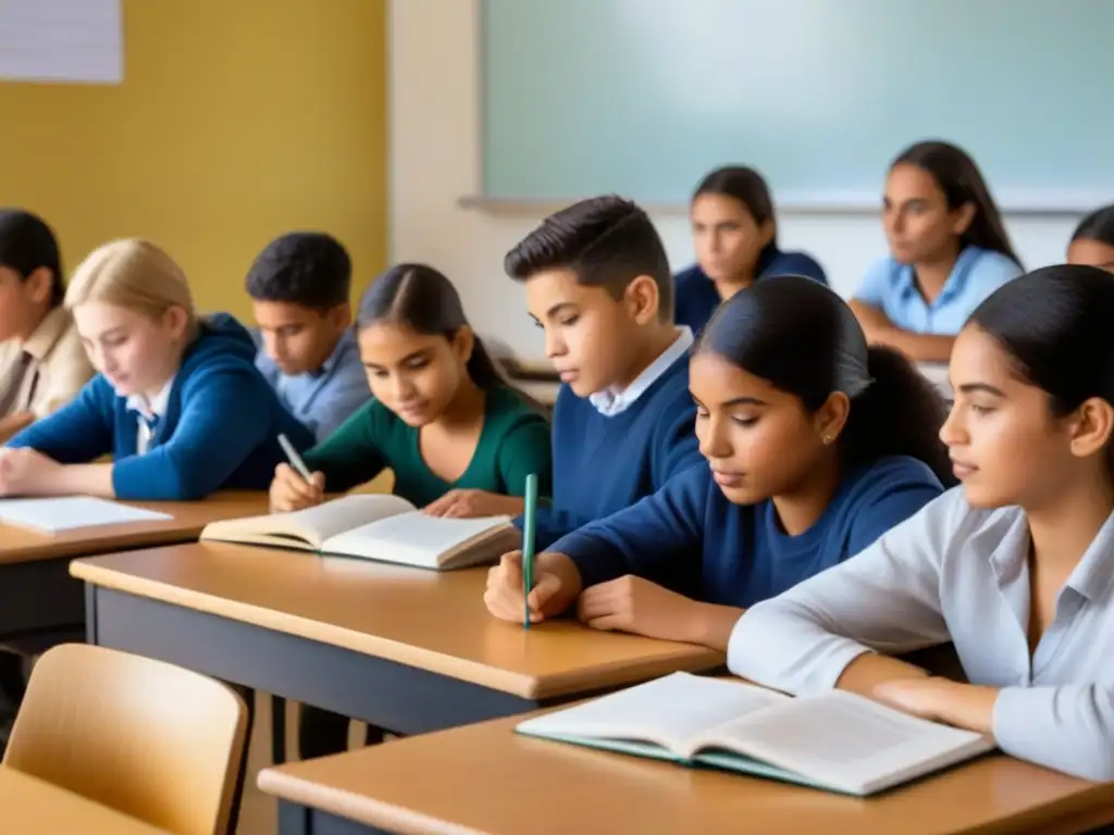 Estudiantes diversos participando activamente en una clase de idiomas en Uruguay