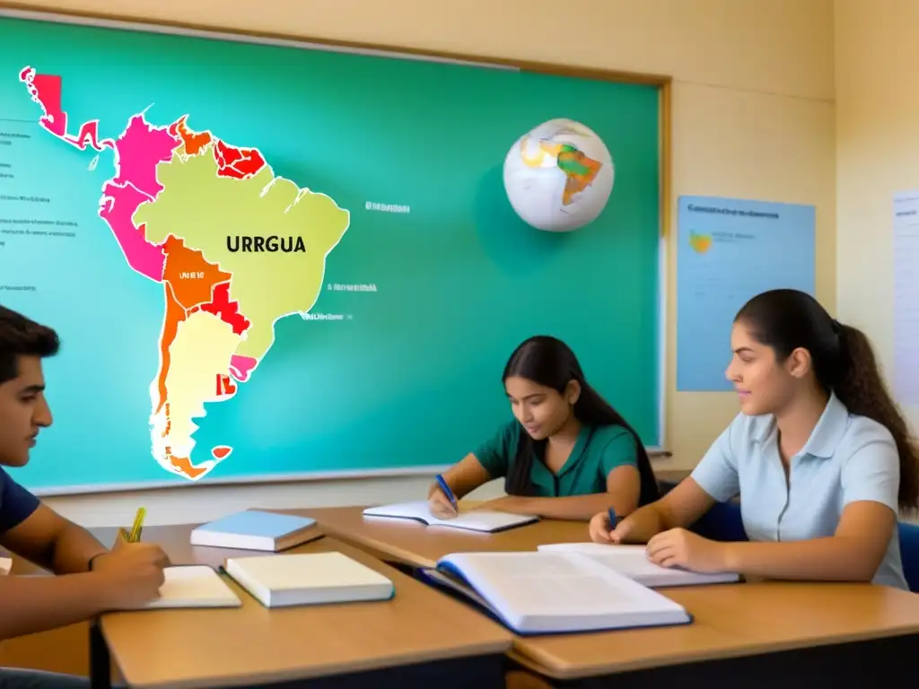 Estudiantes diversos colaboran en una clase de idiomas en Uruguay