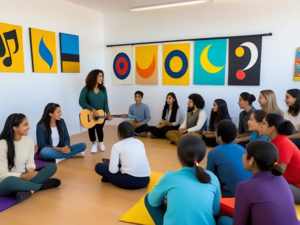 Estudiantes en clase de idiomas rodeados de arte y música, fusionando educación con creatividad en Uruguay